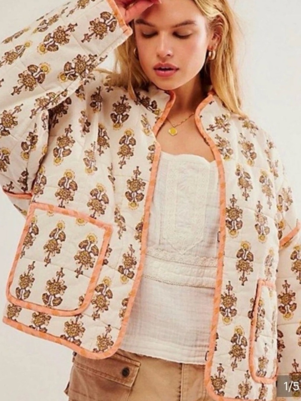 Floral Chloe Quilted Cotton-Blend Jacket in Cream with Peach Trim free people